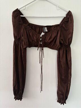 Brown Long-Sleeve Tie-Front Super Crop Top